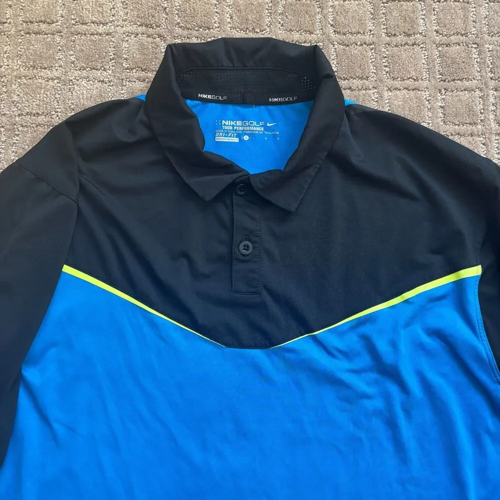 NIKE GOLF Tour Performance Polo Shirt Mens L Black Blue Dri-Fit Short Sleeve